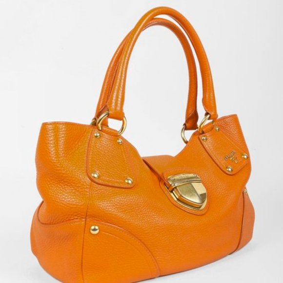Prada Daino Push-Lock Orange Leather Tote - Picture 2 of 11